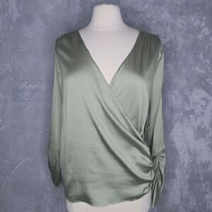 WHBM Sage Green Wrap Top Size M Ruched Long Sleeve Silky Surplice Office Career